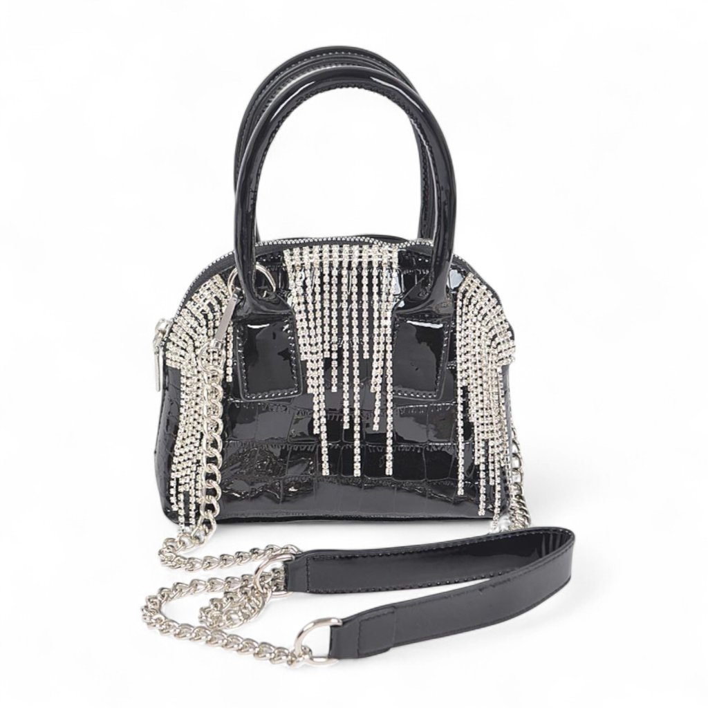 Bnwt Fringe Rhinestone Shiny Croc Faux Leather Top Handle Clutch Crossbody Bag